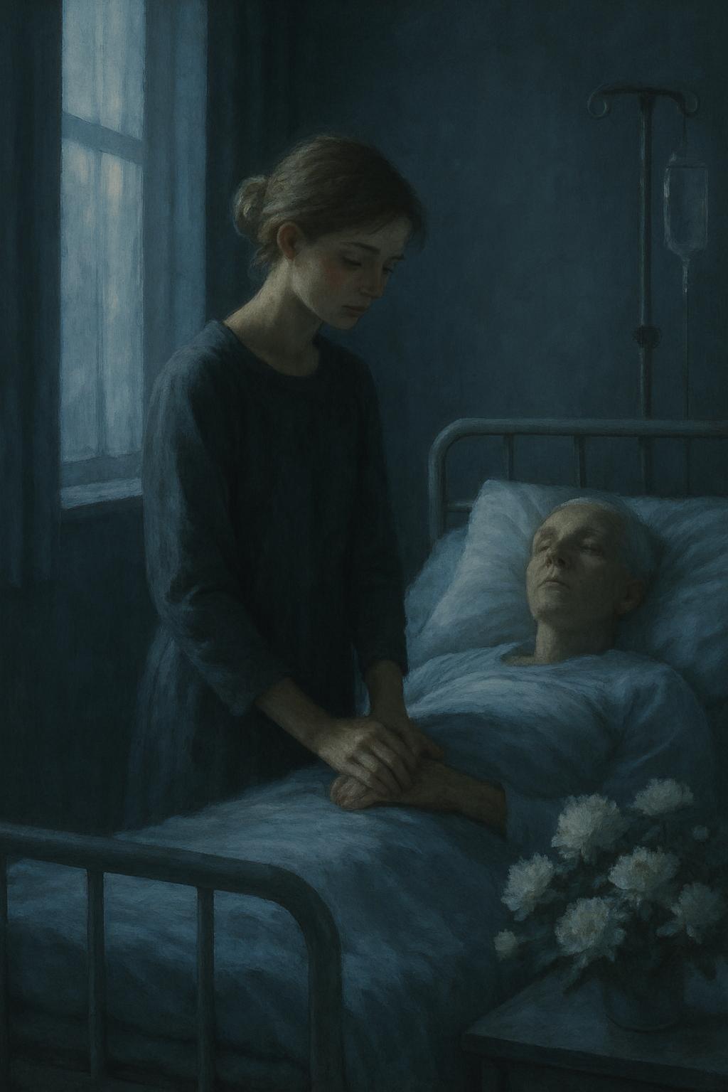 Em um ambiente sereno e sombrio uma figura delicada est de p ao lado de uma cama hospitalar onde repousa um ente querido O quarto iluminado suavemente por uma luz suave que entra pela janela criando um contraste entre a luz e as sombras que refletem